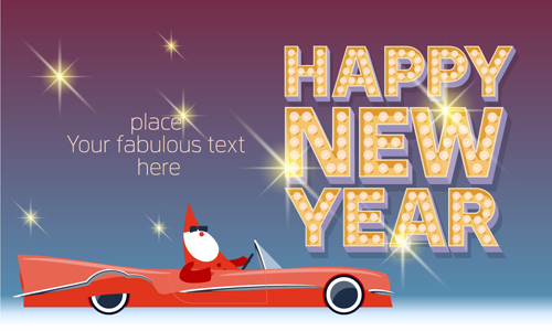 Happy new year neon with red car background vector happy car background   