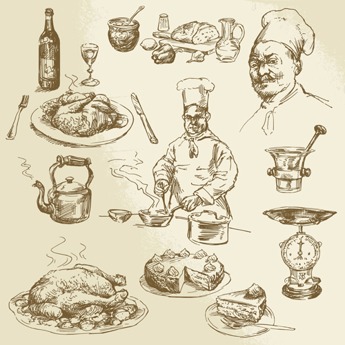 Chef with cooking hand drawn vector 02 hand drawn cooking chef   