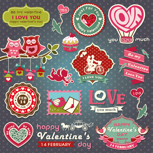 Romantic Valentine retro labels and decor vector 01 Valentine romantic Retro font labels label   