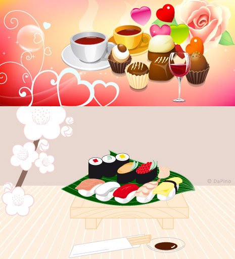 Sushi and coffee cake design vector wine cup West Point Sushi rose japan heart shaped goblet cups of coffee chopsticks Cherry Blossoms cakes   