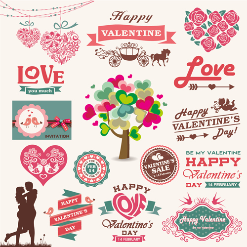 Romantic Valentine retro labels and decor vector 02 Valentine romantic Retro font labels label decor   