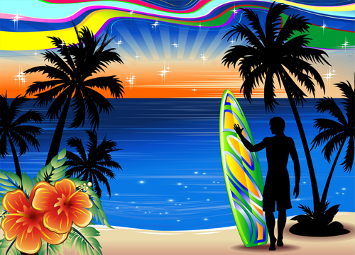 Summer travel background with silhouette vector travel summer silhouette background   