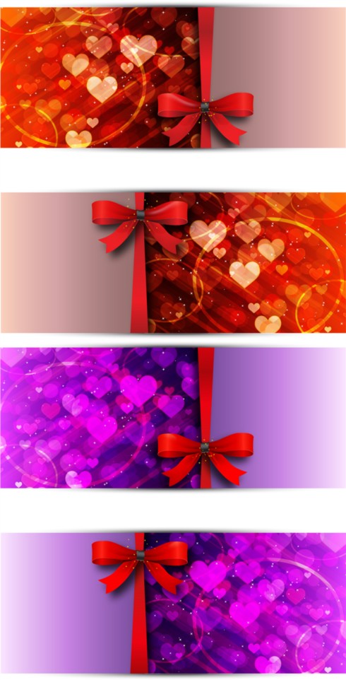 Red bow love cards vector set love butterfly   