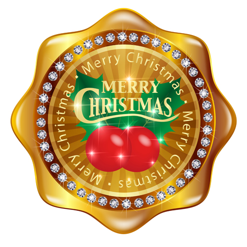 Christmas golden badges with red holly vector holly golden christmas badgesred   