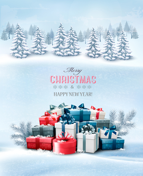 Christmas elements with winter landscape background vector 01 winter landscape elements christmas background   