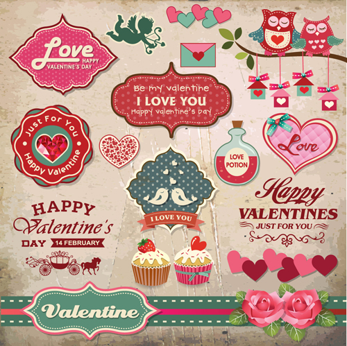 Romantic Valentine retro labels and decor vector 04 Valentine romantic Retro font labels label decor   