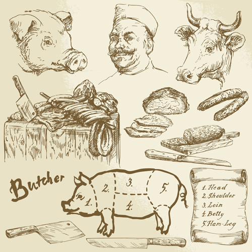 Hand drawn butcher elements vector hand drawn butcher   