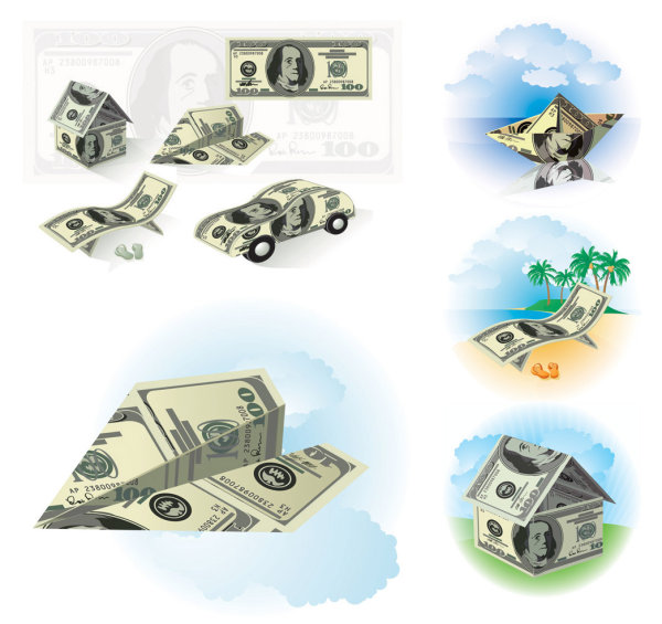 dollar is folded into a goods vector Graphic small house paper airplane money coconut trees car boat   