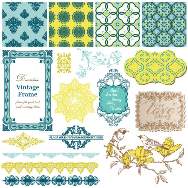 Vintage pattern ,lace,label and frames decor vector Collection 02 pattern lace label frames frame collection   