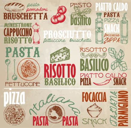 Retro food with pizza logos elements vector 01 Retro font pizza elements element   