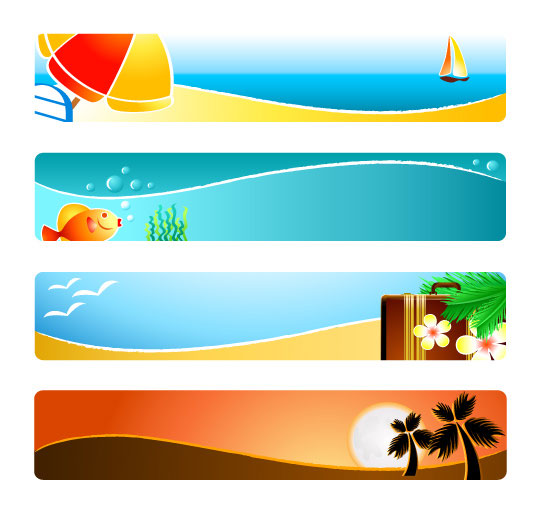 Sunshine beach banner design vector sun summer sea sand sailing palm trees fish banner   