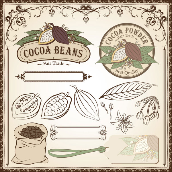 Cocoa beans elements of labels and Pattern ,Borders vector pattern labels label elements element Cocoa beans borders   