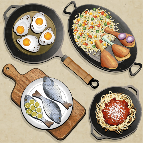 frying pan and food design vector 01 frying pan frying food   