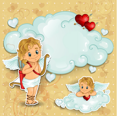 Romantic cupids with text cloud valentine day element vector 02 Valentine day Valentine romantic roman element cupids   