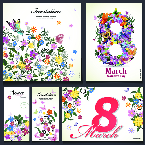 8 march flower Invitation cards vectors set 02 vectors invitation cards invitation flower cards card   