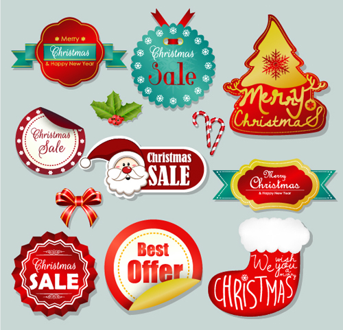 Christmas sticker with labels and badge vector set 01 sticker labels christmas badge   