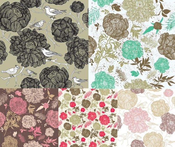 Drawing flowers background design elements leaves flowers fashion birds background   