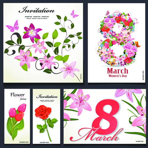 8 march flower Invitation cards vectors set 01 invitation cards invitation flower cards card   