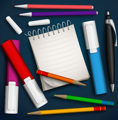 Marker pencils pen and notebook vector material pencils pen notebook material   