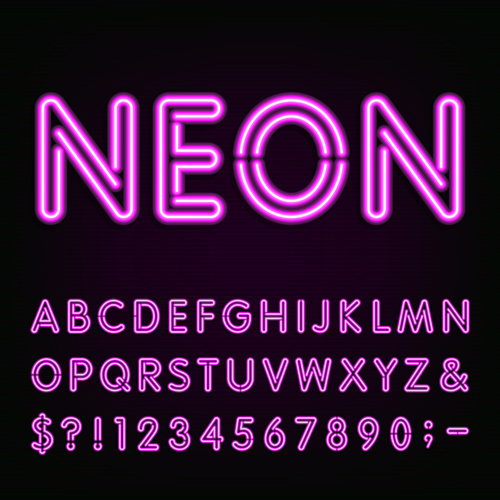 Purple neon alphabet with number and sign vector sign purple number neon alphabet   