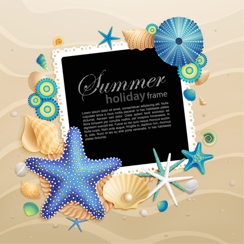 Shells and Starfishe holiday frame elements vector 02 Starfishe shells holiday frame elements element   