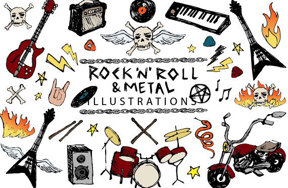 Hand drawn rock n roll vector illustrations rock n roll illustration hand drawn   