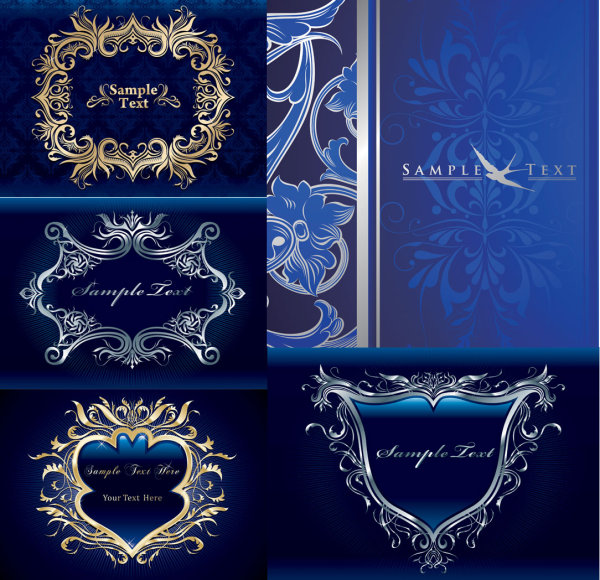 Exalted shield background vector material shield sapphire blue peltate patterns Noble lines lace heart-shaped figure foliage Europestyle background   
