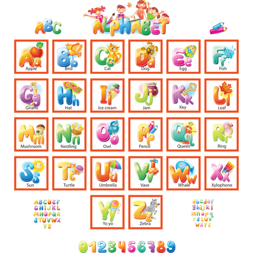 Colored alphabet with children literacy vector 05 literacy colored children alphabet   