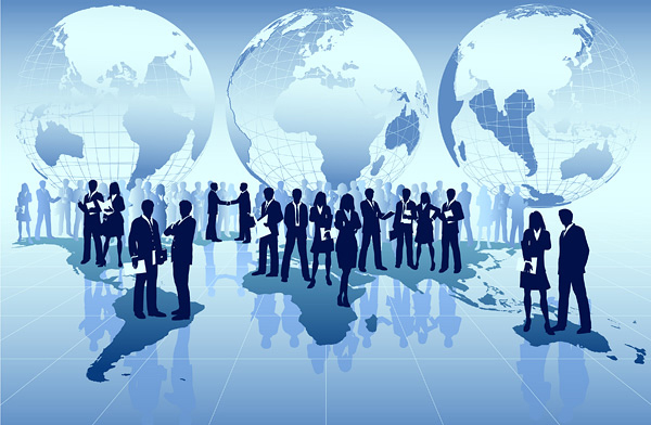 business people with world design vector world white collar people silhouettes elite earth conversation business people business blue a map of infographics   
