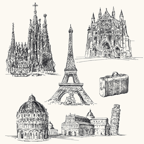 Famous cities buildings hand drawn vector 01 hand drawn famous cities buildings   