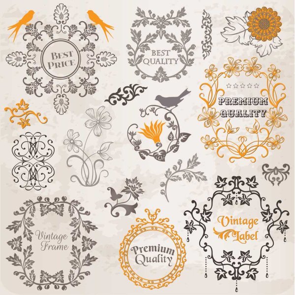 Set of labels and ornaments elements vector 04 ornaments ornament labels label elements element   