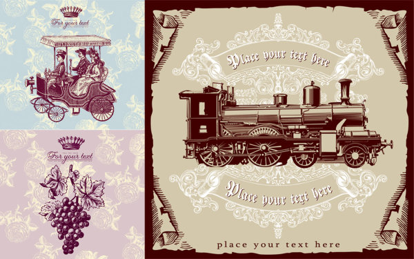 Vintage style Background woman train shading posters pattern graphics grape flowers crown coach background   