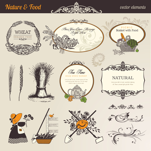 Natural food labels and ornament vector 01 ornament natural labels label food label food   