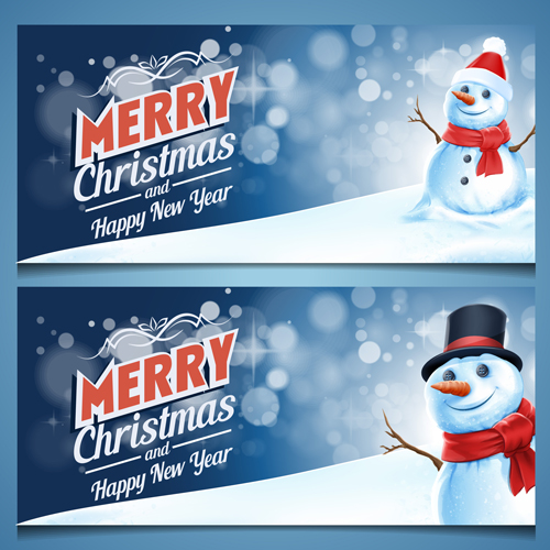 Snowman with christmas banners vector snowman christmas banners   