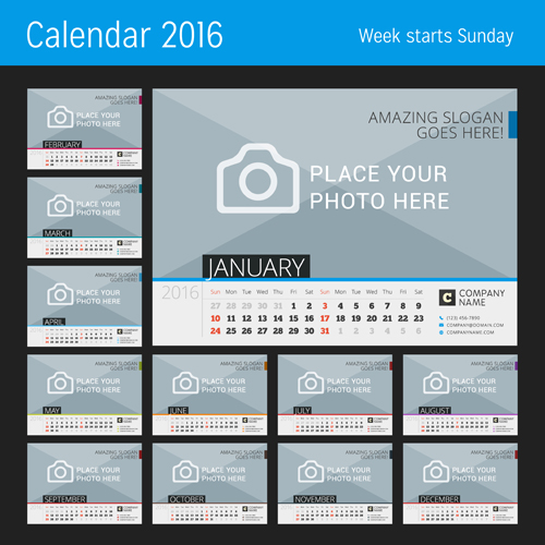 Desk calendar 2016 with your photo vector 07 photo desk calendar 2016   