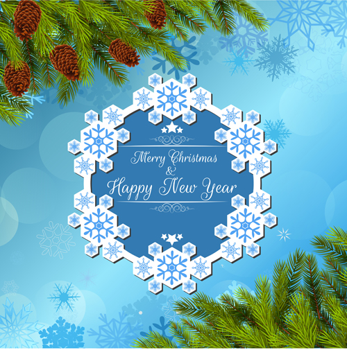 Snowflake frame with pine branches background vector 02 snowflake pine frame branches background   
