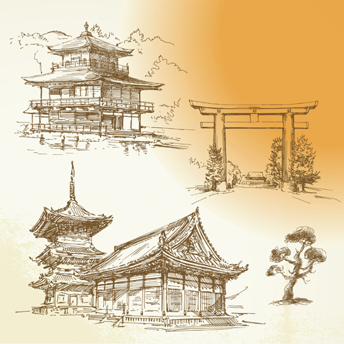 Hand drawn old town vector material set 03 town old material hand drawn   