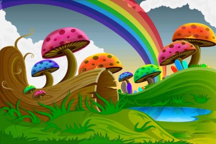 Cartoon natural landscapes beautiful vector 06 mushrooms colorful cartoon backgrounds   
