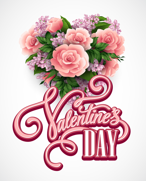 Pink flower with heart valentines day cards vector 05   