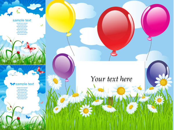 Summer card background vector graphic summer sky insects grass flowers clouds cards butterflies balloons background   