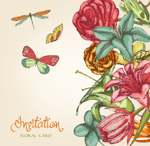 Hand drawn colored floral Invitation cards vector 01 invitation cards invitation hand drawn colored   