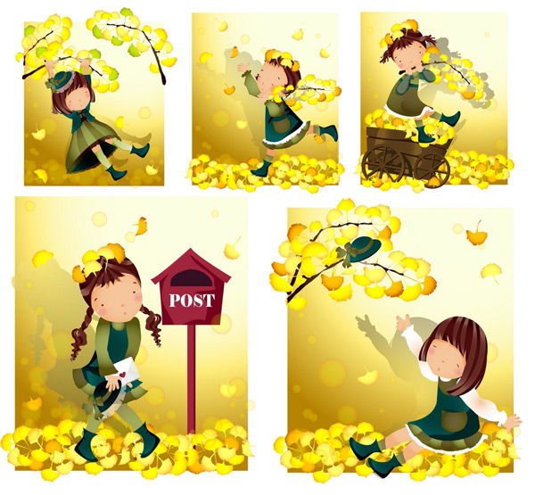 Elements of girl in yellow leaves Vector yellow leaves in girl   