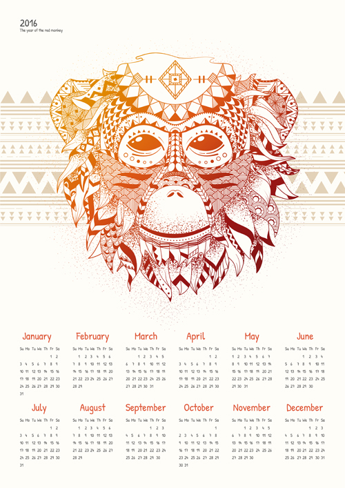 Floral monkey with 2016 calendar vector monkey floral calendar 2016   