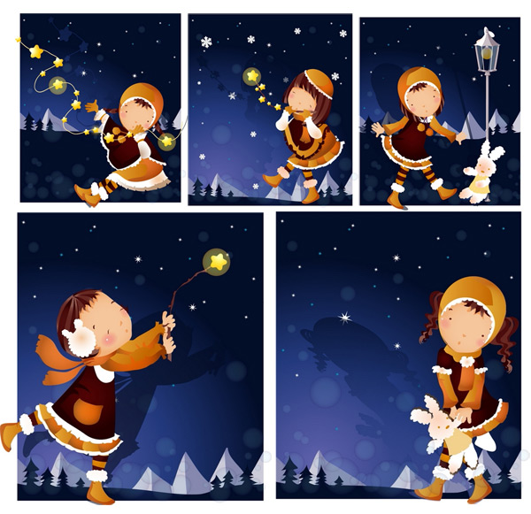 Elements of girl winter night Vector winter night girl   