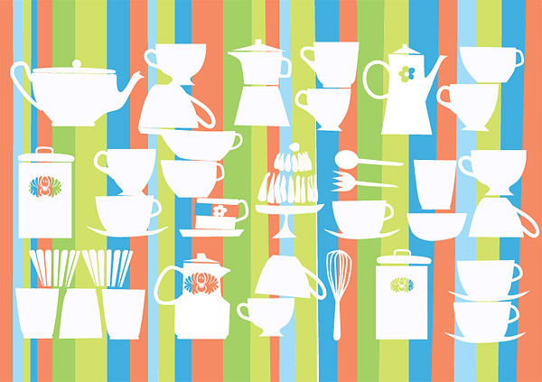 Tableware background vertical stripes background The teapot egg beater cups   