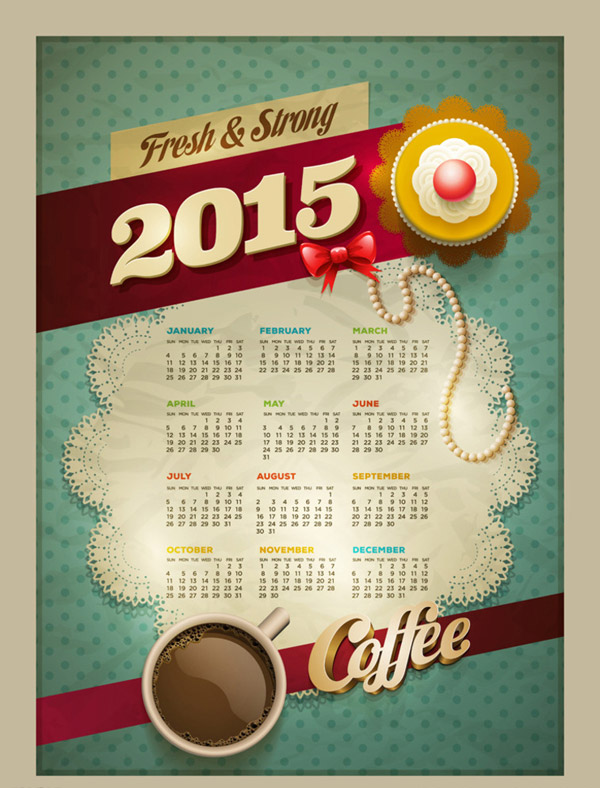 2015 Vintage calendar with coffee vector vintage coffee calendar 2015   