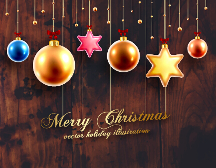 2015 Christmas baubles with dark wood background vector 04 dark wood christmas baubles background 2015   