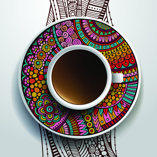 Ethnic pattern ornaments and coffee cups vector 01 ornaments ornament ethnic coffee cups coffee cup coffee   