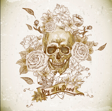 Retro skull with flower vector material 01 vector material skull Retro font material flower   