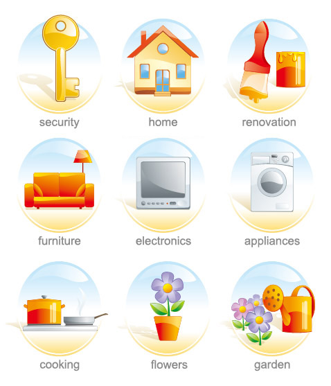 Elliptical crystal icons vector washing machine tv sofa showers paint kitchen utensils keys house flowers flower cooking bubble brushes   